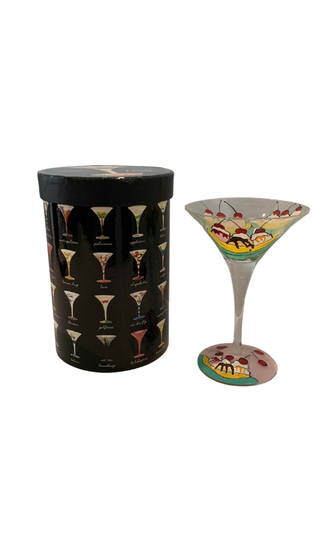 Photo 1 of LOLITA HAND PAINTED MARTINI GLASSES WITH INDIVIDUAL DRINK RECIPE BANANA SPLIT