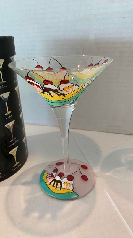 Photo 1 of LOLITA HAND PAINTED MARTINI GLASSES WITH INDIVIDUAL DRINK RECIPE  BANANA SPLIT