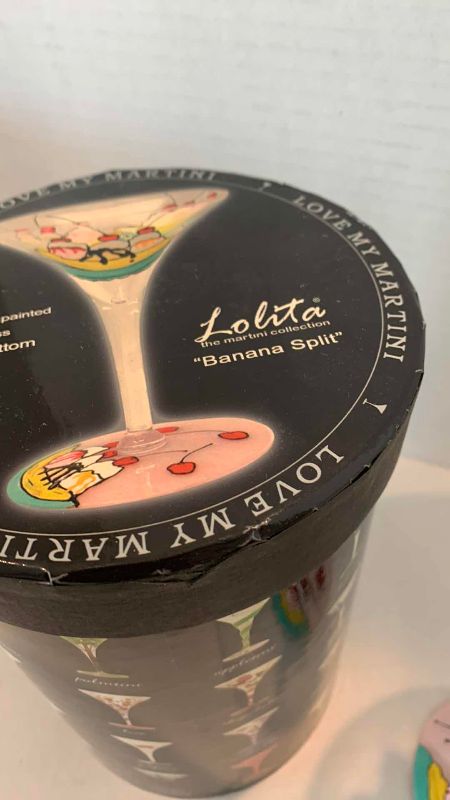 Photo 1 of LOLITA HAND PAINTED MARTINI GLASSES WITH INDIVIDUAL DRINK RECIPE  BANANA SPLIT