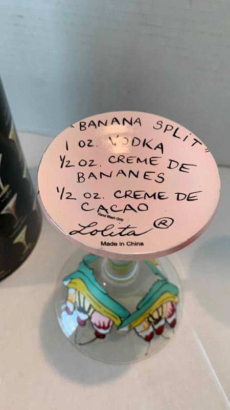 Photo 1 of LOLITA HAND PAINTED MARTINI GLASSES WITH INDIVIDUAL DRINK RECIPE  BANANA SPLIT