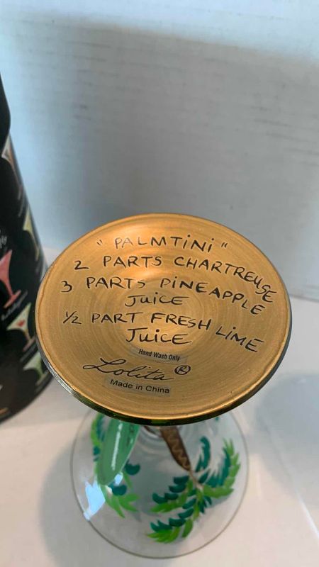 Photo 1 of LOLITA HAND PAINTED MARTINI GLASSES WITH INDIVIDUAL DRINK RECIPE  PALMTINI