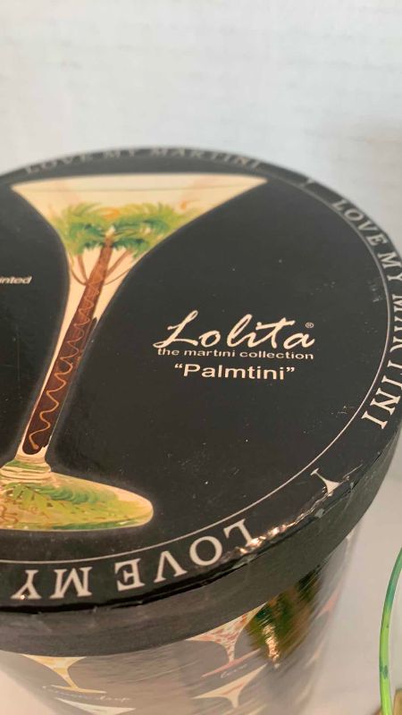 Photo 1 of LOLITA HAND PAINTED MARTINI GLASSES WITH INDIVIDUAL DRINK RECIPE  PALMTINI
