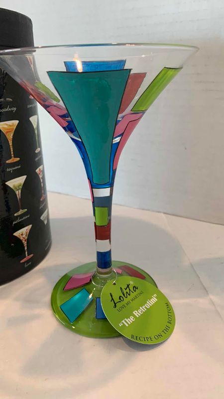 Photo 1 of LOLITA HAND PAINTED MARTINI GLASSES WITH INDIVIDUAL DRINK RECIPE  RETROTINI