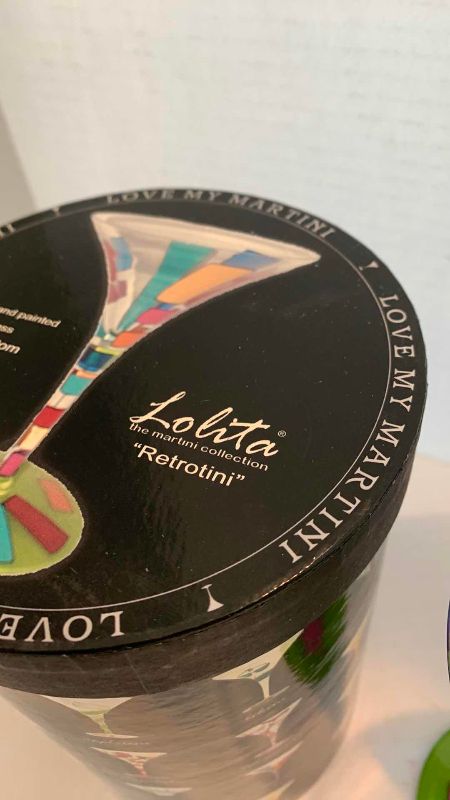 Photo 1 of LOLITA HAND PAINTED MARTINI GLASSES WITH INDIVIDUAL DRINK RECIPE  RETROTINI