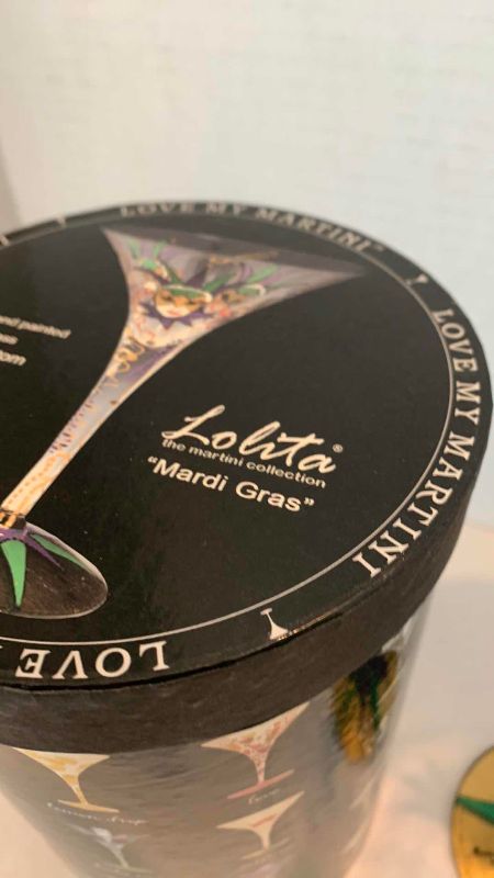 Photo 1 of LOLITA HAND PAINTED MARTINI GLASSES WITH INDIVIDUAL DRINK RECIPE  MARDI GRAS