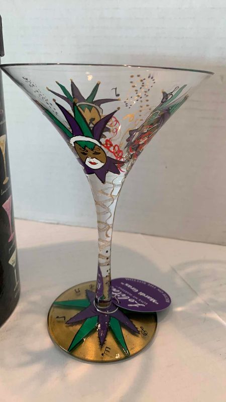 Photo 1 of LOLITA HAND PAINTED MARTINI GLASSES WITH INDIVIDUAL DRINK RECIPE  MARDI GRAS
