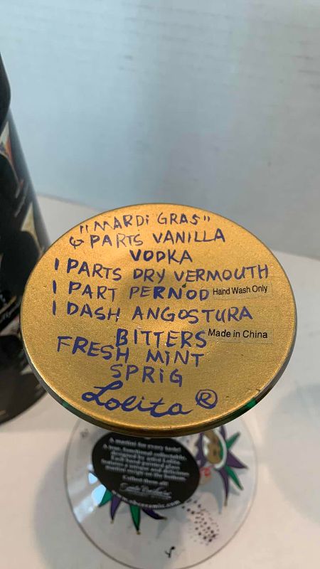 Photo 1 of LOLITA HAND PAINTED MARTINI GLASSES WITH INDIVIDUAL DRINK RECIPE  MARDI GRAS