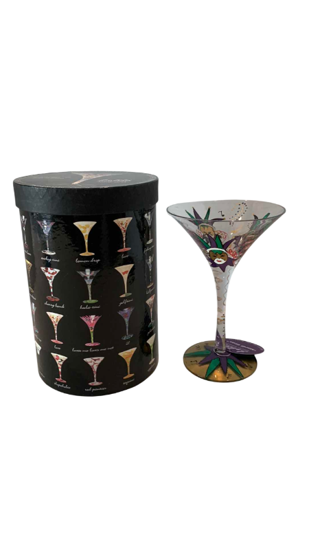 Photo 1 of LOLITA HAND PAINTED MARTINI GLASSES WITH INDIVIDUAL DRINK RECIPE MARDI GRAS