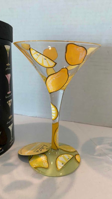 Photo 1 of LOLITA HAND PAINTED MARTINI GLASSES WITH INDIVIDUAL DRINK RECIPE  LEMON DROP