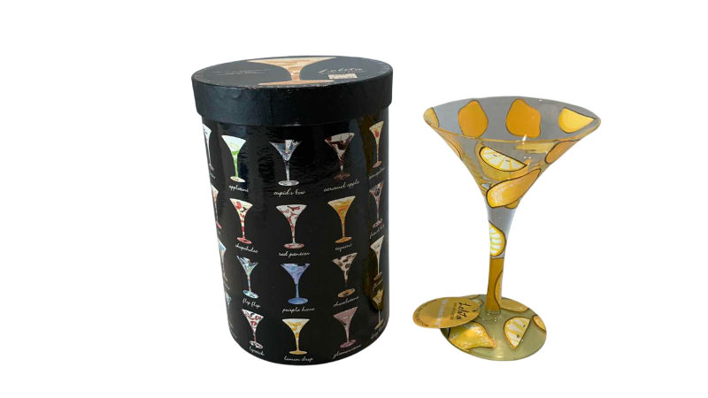 Photo 1 of LOLITA HAND PAINTED MARTINI GLASSES WITH INDIVIDUAL DRINK RECIPE LEMON DROP