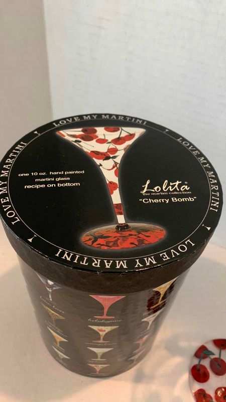 Photo 1 of LOLITA HAND PAINTED MARTINI GLASSES WITH INDIVIDUAL DRINK RECIPE  CHERRY BOMB