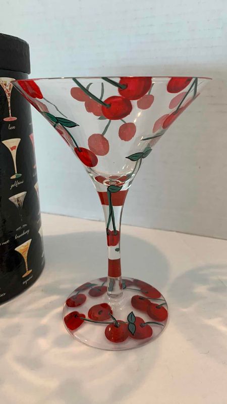 Photo 1 of LOLITA HAND PAINTED MARTINI GLASSES WITH INDIVIDUAL DRINK RECIPE  CHERRY BOMB