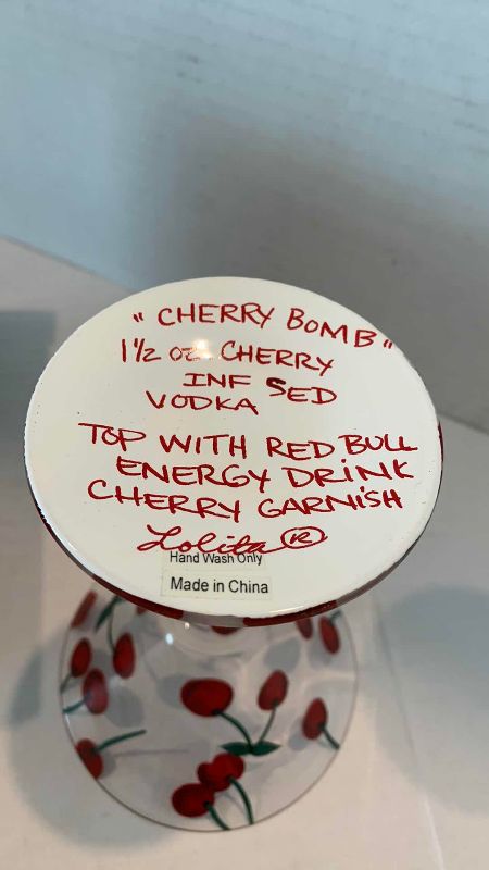 Photo 1 of LOLITA HAND PAINTED MARTINI GLASSES WITH INDIVIDUAL DRINK RECIPE  CHERRY BOMB