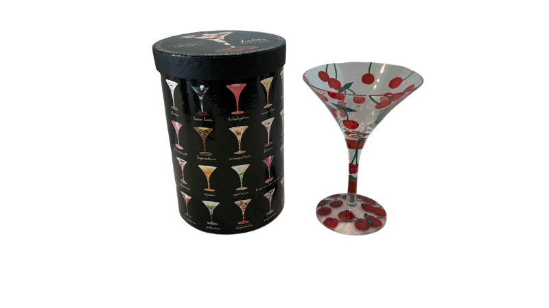 Photo 1 of LOLITA HAND PAINTED MARTINI GLASSES WITH INDIVIDUAL DRINK RECIPE CHERRY BOMB