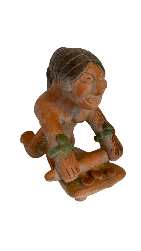 Photo 1 of PRECOLUMBIAN STYLE CLAY MAYAN WOMAN GRINDING CORN 7”