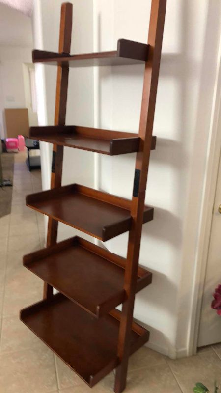 Photo 1 of WOODEN 5-SHELF LEANING BOOK RACK 24” X 18” H 75”