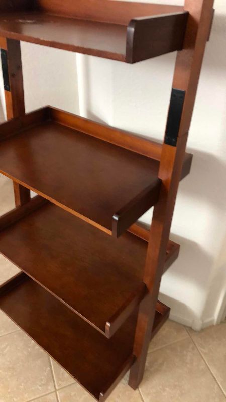 Photo 1 of WOODEN 5-SHELF LEANING BOOK RACK 24” X 18” H 75”