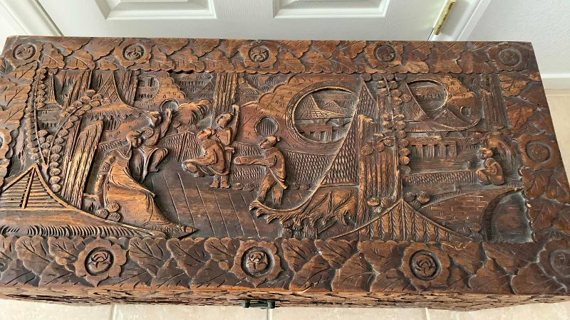 Photo 1 of ANTIQUE HAND CARVED CAMPHOR WOOD ASIAN INSPIRED CHEST 31” X 15” H 15”