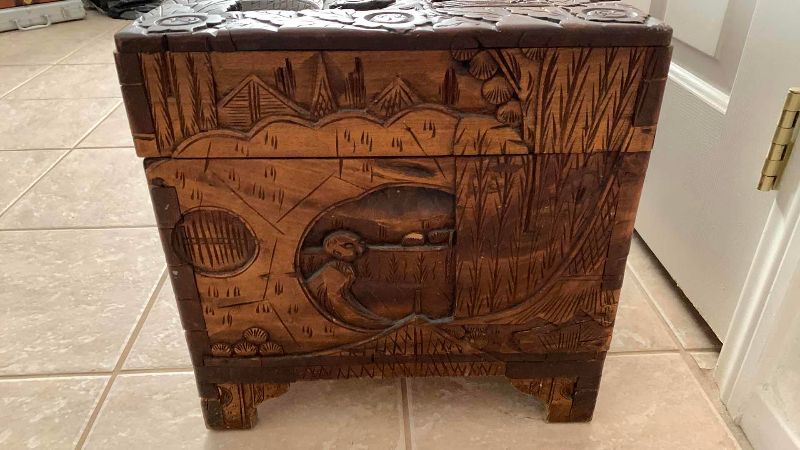 Photo 1 of ANTIQUE HAND CARVED CAMPHOR WOOD ASIAN INSPIRED CHEST 31” X 15” H 15”