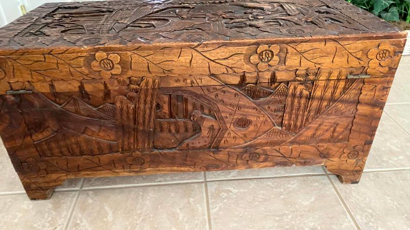 Photo 1 of ANTIQUE HAND CARVED CAMPHOR WOOD ASIAN INSPIRED CHEST 31” X 15” H 15”
