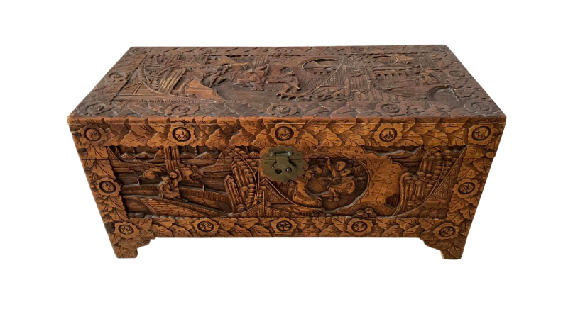 Photo 1 of ANTIQUE HAND CARVED CAMPHOR WOOD ASIAN INSPIRED CHEST 31” X 15” H 15”