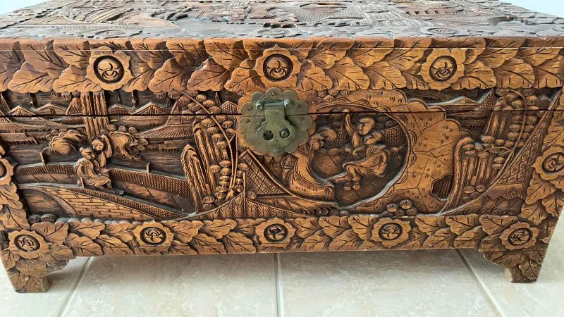 Photo 1 of ANTIQUE HAND CARVED CAMPHOR WOOD ASIAN INSPIRED CHEST 31” X 15” H 15”
