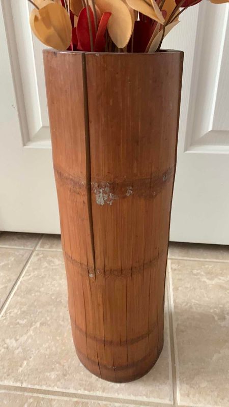 Photo 1 of VINTAGE HAND CARVED BAMBOO VASE MADE IN JAPAN AND FLORAL ARRANGEMENT 32”