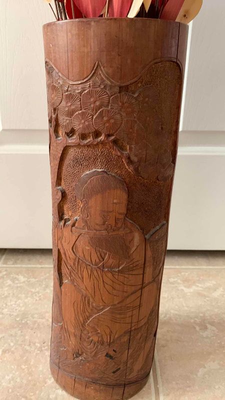 Photo 1 of VINTAGE HAND CARVED BAMBOO VASE MADE IN JAPAN AND FLORAL ARRANGEMENT 32”