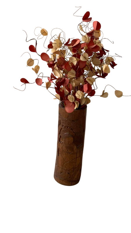 Photo 1 of VINTAGE HAND CARVED BAMBOO VASE MADE IN JAPAN AND FLORAL ARRANGEMENT 32”