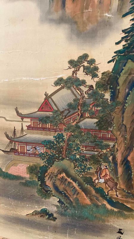 Photo 1 of ANTIQUE JAPANESE KAKEJIKU HORSEMAN AND WATERFRONT CASTLE SIGNED BY ARTIST 21” X 50”