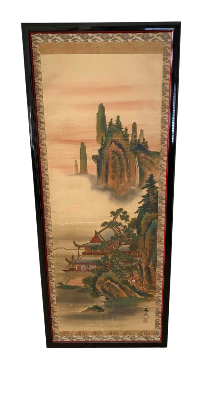 Photo 1 of ANTIQUE JAPANESE KAKEJIKU HORSEMAN AND WATERFRONT CASTLE SIGNED BY ARTIST 21” X 50”