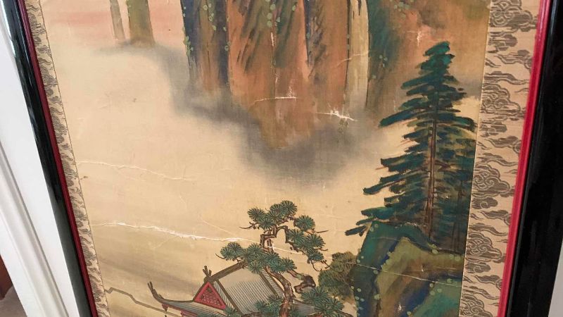 Photo 1 of ANTIQUE JAPANESE KAKEJIKU HORSEMAN AND WATERFRONT CASTLE SIGNED BY ARTIST 21” X 50”