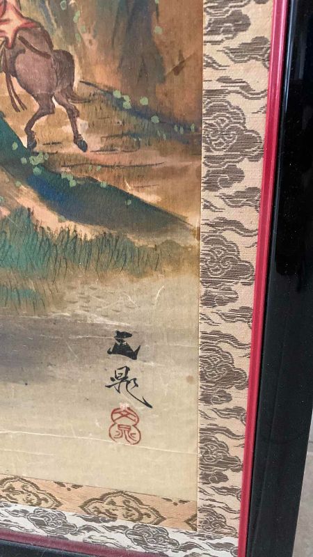 Photo 1 of ANTIQUE JAPANESE KAKEJIKU HORSEMAN AND WATERFRONT CASTLE SIGNED BY ARTIST 21” X 50”