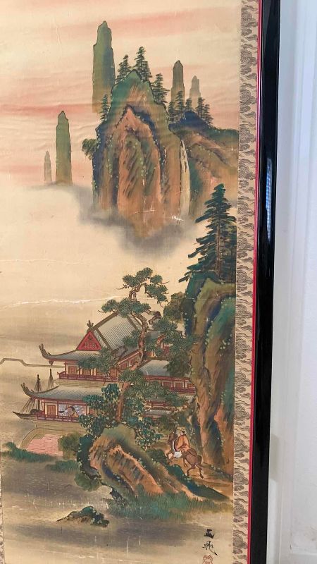 Photo 1 of ANTIQUE JAPANESE KAKEJIKU HORSEMAN AND WATERFRONT CASTLE SIGNED BY ARTIST 21” X 50”