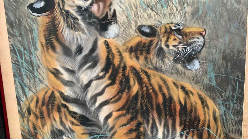 Photo 1 of ANTIQUE JAPANESE KAKEJIKU TIGERS SIGNED BY ARTIST 25” X 58”