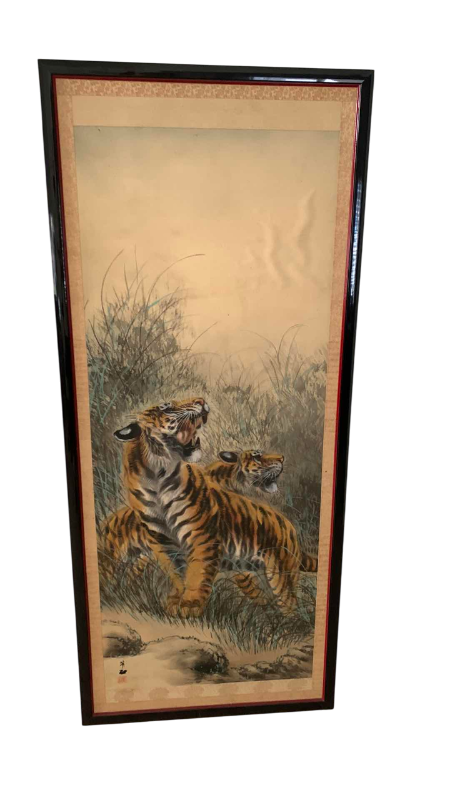 Photo 1 of ANTIQUE JAPANESE KAKEJIKU TIGERS SIGNED BY ARTIST 25” X 58”
