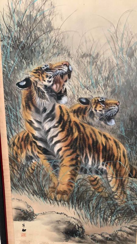 Photo 1 of ANTIQUE JAPANESE KAKEJIKU TIGERS SIGNED BY ARTIST 25” X 58”