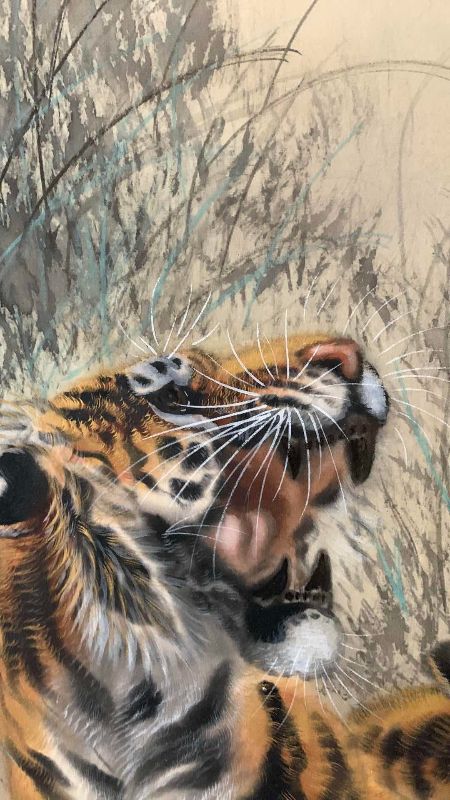 Photo 1 of ANTIQUE JAPANESE KAKEJIKU TIGERS SIGNED BY ARTIST 25” X 58”