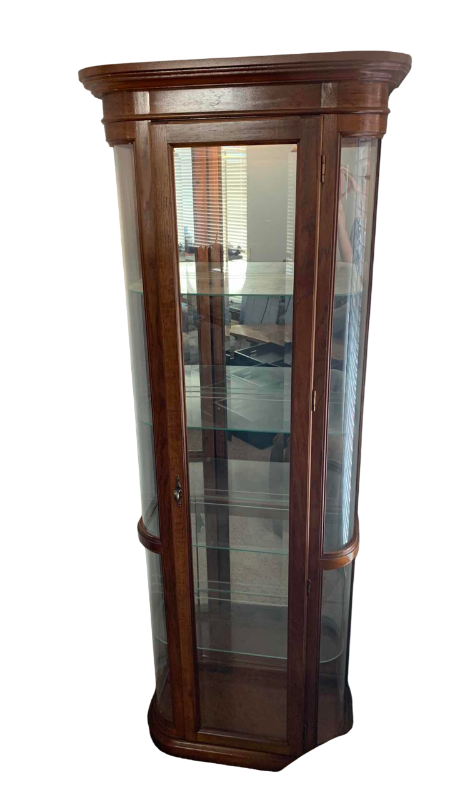Photo 1 of VINTAGE CURVED GLASS CURIO CABINET 27” X 13” H 76