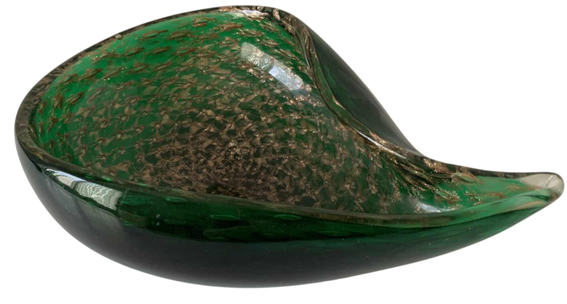 Photo 1 of VINTAGE MURANO GREEN W/GOLD FLAKES TEARDROP SHAPED ART GLASS ASHTRAY 9”