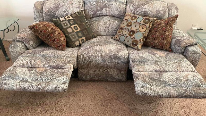 Photo 1 of FABRIC DOUBLE RECLINER LOVESEAT AND PILLOWS 76” X 42” H 36”