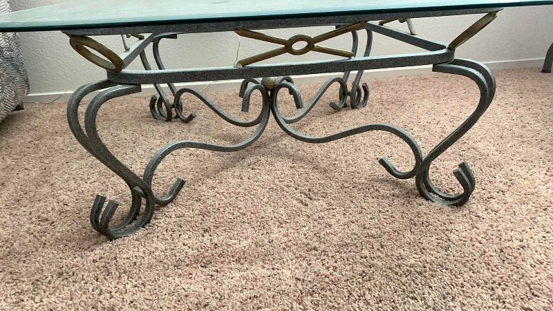 Photo 1 of BEVELED GLASS AND METAL COFFEE TABLE 36” X 36” H 15”