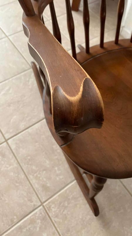 Photo 1 of ANTIQUE COLONIAL OAK ROCKING CHAIR CUSHION AND CLAW ARM GRIPS 24” X 30” H 34”