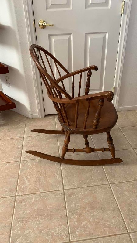 Photo 1 of ANTIQUE COLONIAL OAK ROCKING CHAIR CUSHION AND CLAW ARM GRIPS 24” X 30” H 34”