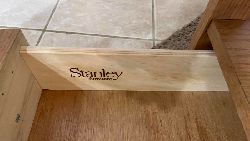 Photo 1 of VINTAGE STANLEY OAK COFFEE TABLE WITH BEVELED GLASS TOP 38” X 38” H 20”