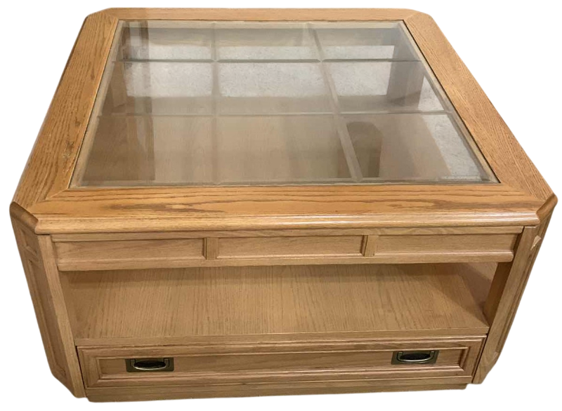 Photo 1 of VINTAGE STANLEY OAK COFFEE TABLE WITH BEVELED GLASS TOP 38” X 38” H 20”