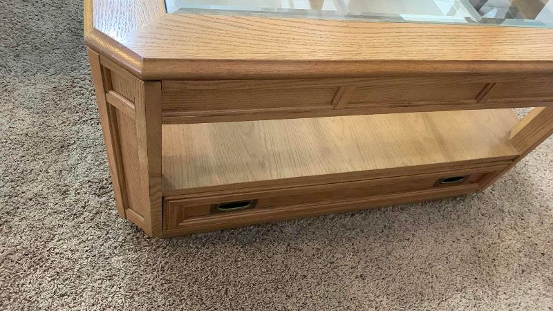 Photo 1 of VINTAGE STANLEY OAK COFFEE TABLE WITH BEVELED GLASS TOP 38” X 38” H 20”