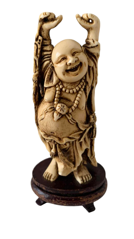 Photo 1 of ANTIQUE IVORY BUDDHA LAUGHING RAISED HANDS 6”