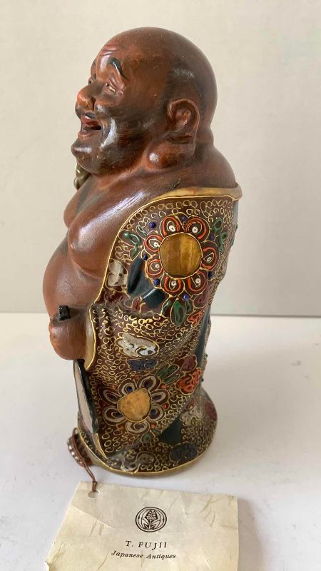 Photo 1 of ANTIQUE KUTANI FIGURE OF HOTEI WITH FLORAL MOTIF MEIJI PERIOD (1868-1912) 9”