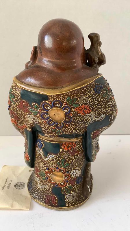 Photo 1 of ANTIQUE KUTANI FIGURE OF HOTEI WITH FLORAL MOTIF MEIJI PERIOD (1868-1912) 9”